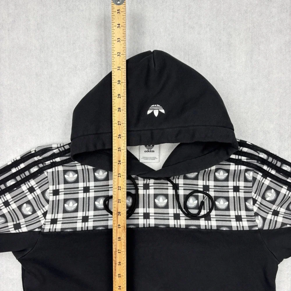 adidas Originals Hoodie Mens Small Black White Plaid Tartan Pullover Fleece